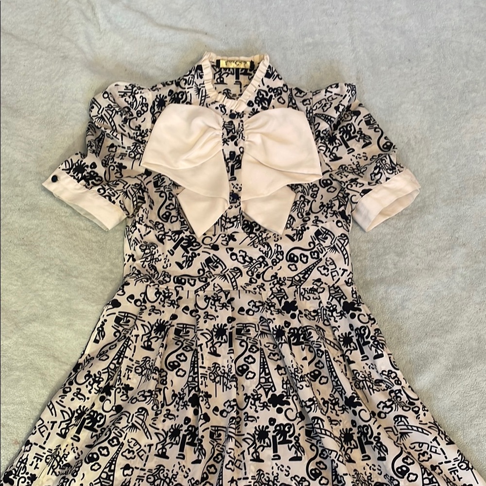 White and Navy Blue Silk Sundress with Puff Sleeves and Peter Pan Collar
